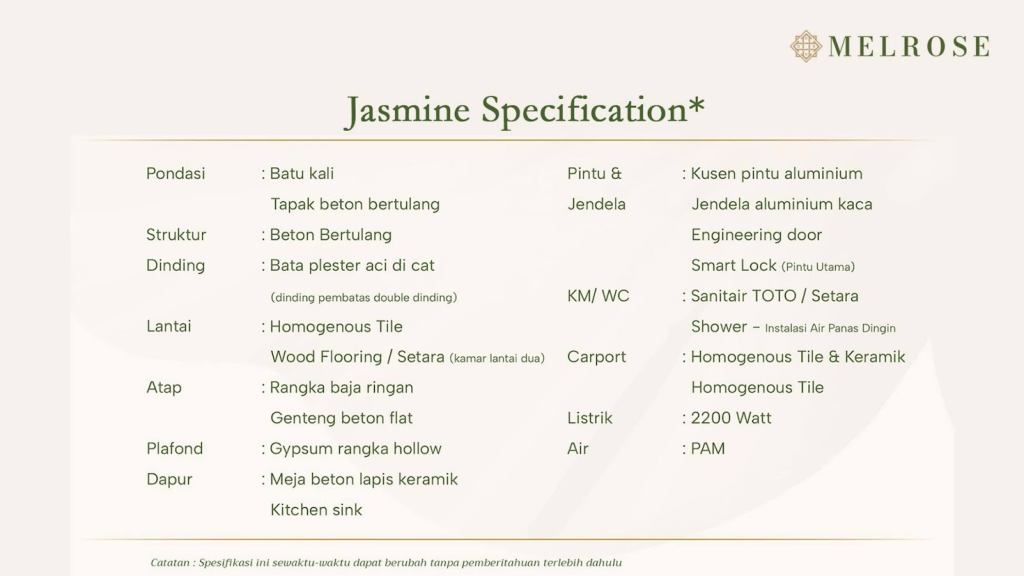 Spesifikasi Teknis Jasmine Melrose Duta Garden